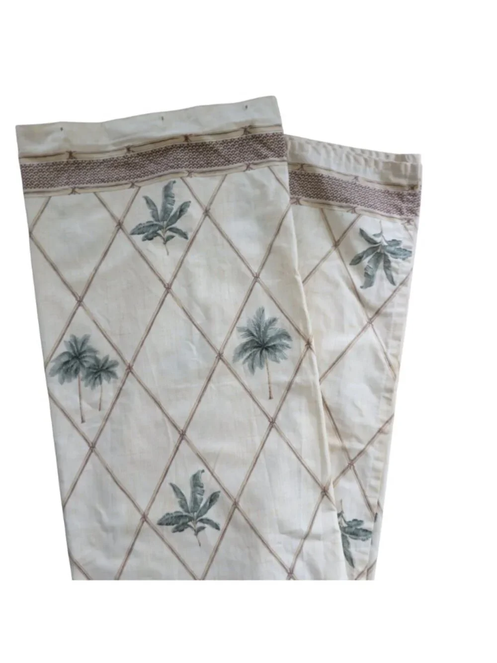 Vintage Springs Home Fabric Shower Curtain Beige Palms Lattice Cotton USA Made